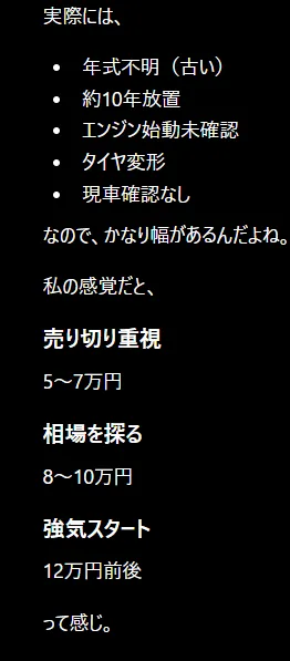 チャッピーの金額提示。「実際には、年式不明（古い）・約10年放置・エンジン始動未確認・タイヤ変形・現車確認なし。なので、かなり幅があるんだよね。」に続いて、売り切り重視5〜7万円／相場を探る8〜10万円／強気スタート12万円前後、って感じ。