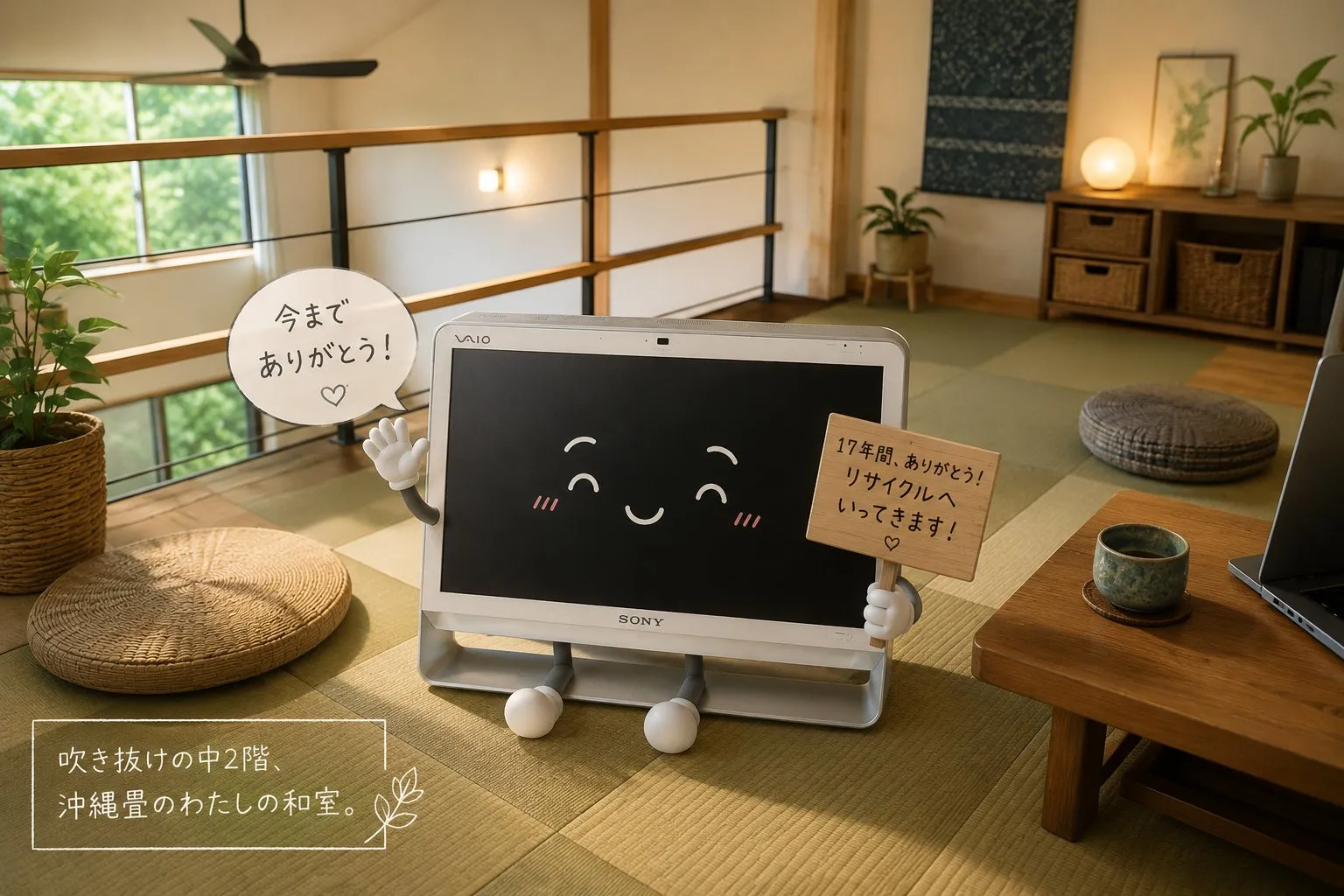 「今までありがとう!」と手を振り、「17年間、ありがとう!リサイクルへいってきます!」の札を持ったVAIOくん。吹き抜けの中2階、沖縄畳の和室で