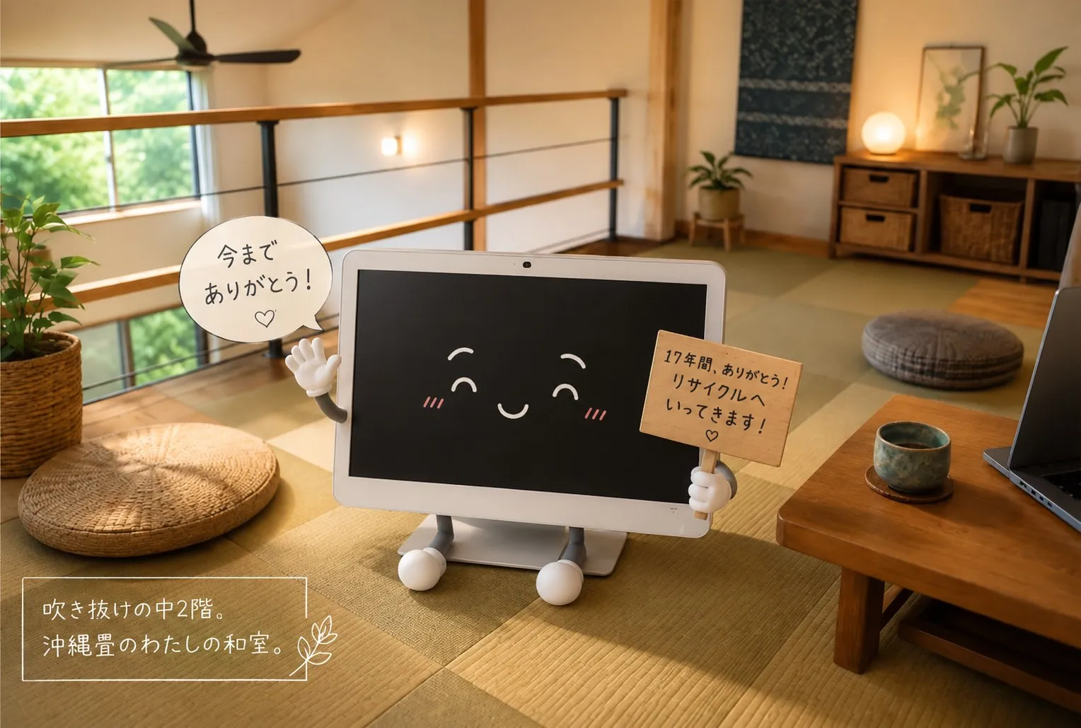 「今までありがとう！」と手を振り、「17年間、ありがとう！リサイクルへいってきます！」の札を持ったVAIOくん。吹き抜けの中2階、沖縄畳の和室で