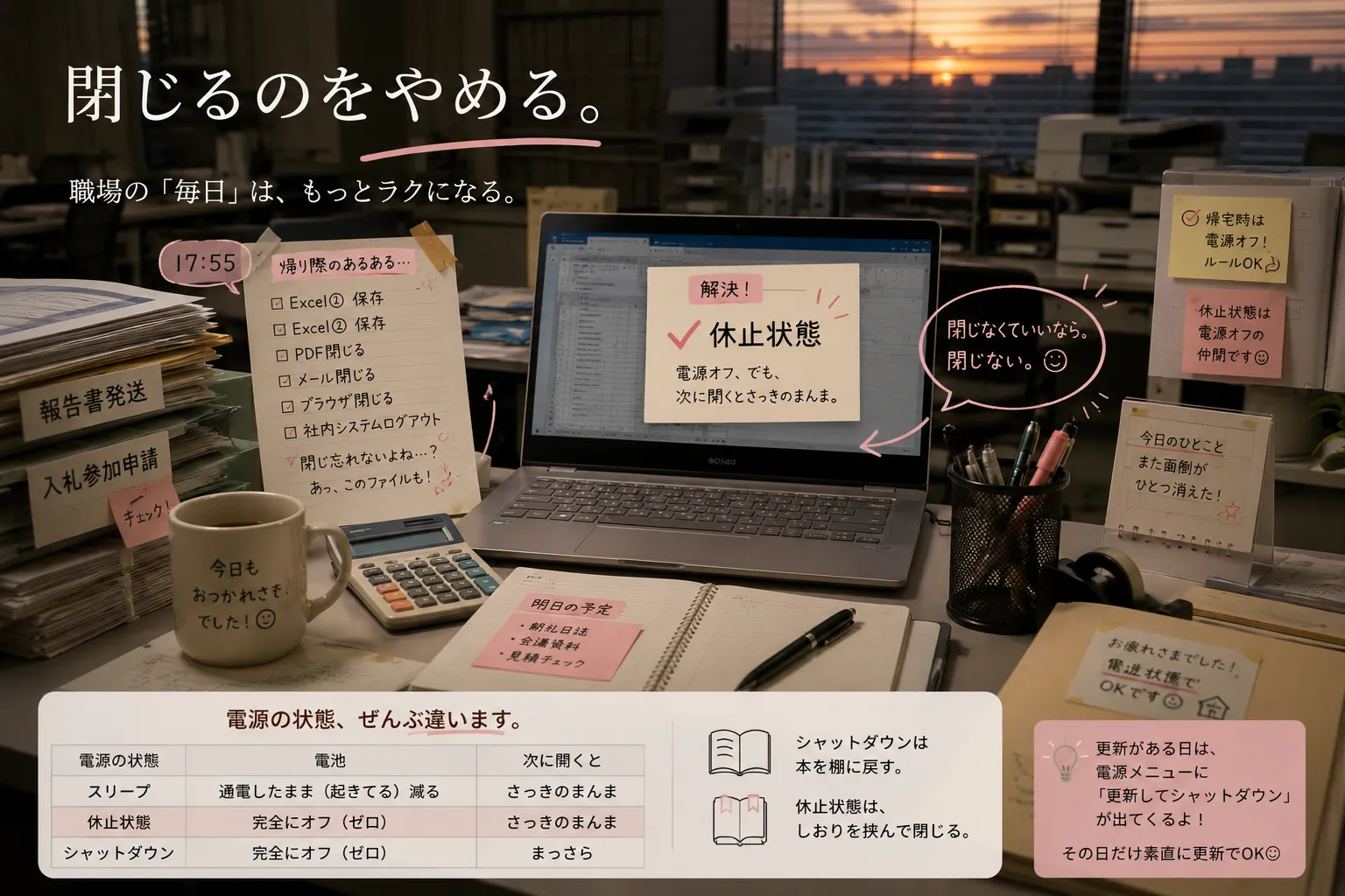 夕方の職場のデスク。「帰り際のあるある」としてExcel保存・PDF閉じる・メール閉じる・ブラウザ閉じる・社内システムログアウトのチェックリストが並び、その解決として「休止状態＝電源オフ、でも次に開くとさっきのまんま」が示されている。下部にはスリープ・休止状態・シャットダウンの違いを比べた表と、しおりの例え図